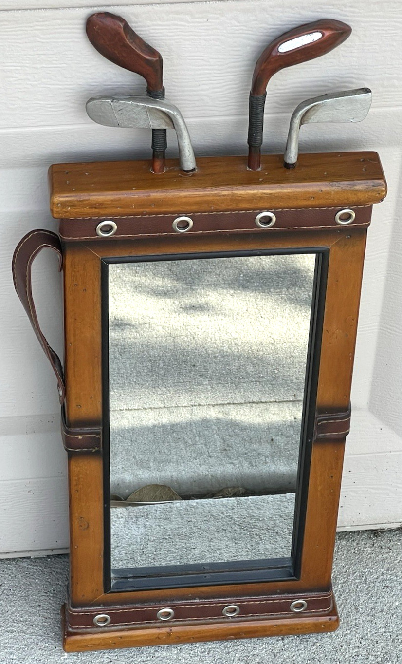 Vintage 3D Golf Bag Shadowbox Wall Mirror Wood Frame Man Cave Sports Decor 22″