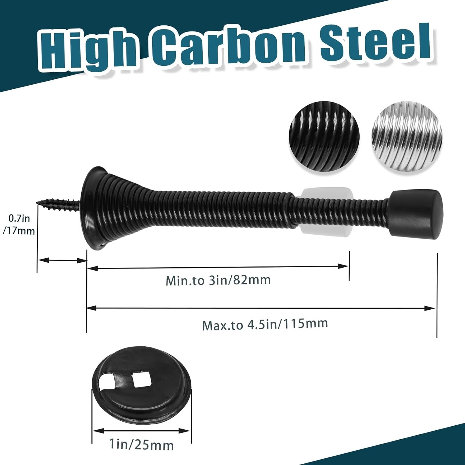 6 Pack Spring Long Door Stopper 3-4 Inch Black Door Stops, Stainless Steel, W…