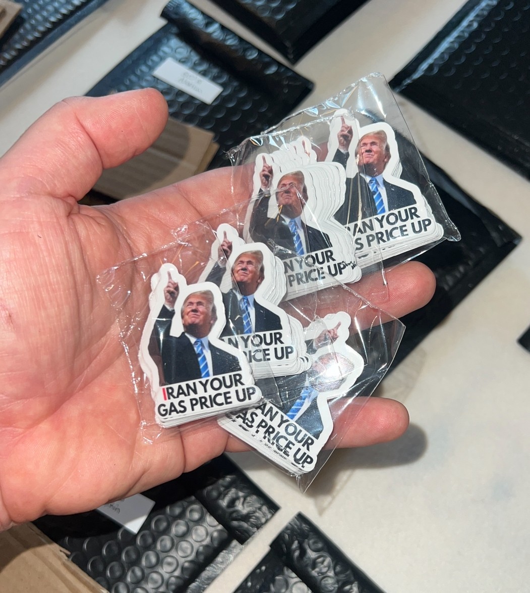 100 Trump Stickers ”IRAN YOUR GAS PRICE UP” Gas Pump Waterproof Vinyl NEW 1.5″