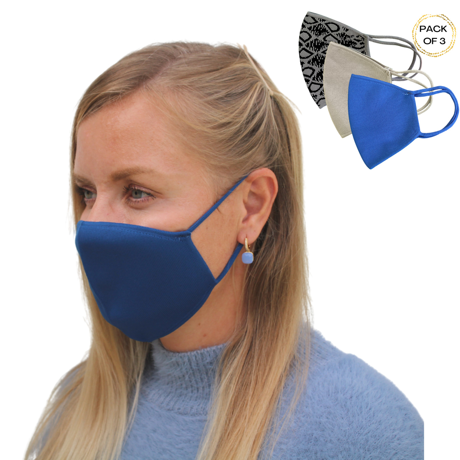 Set of 3 solid knitted Face Mask two layers reusable washable bandanas