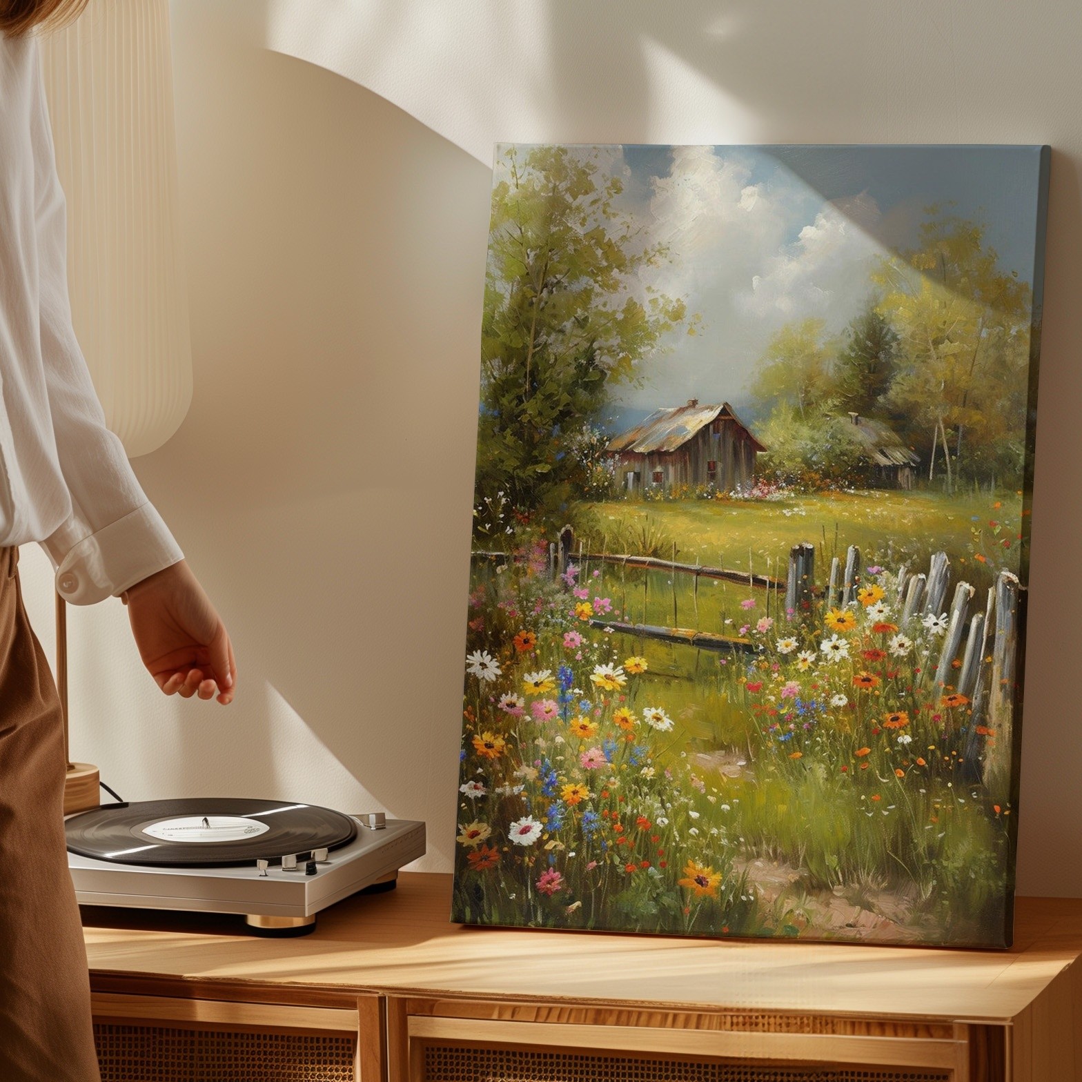Rustic Country Landscape Canvas Wall Art Floral Meadow Barn Scene Decor Print