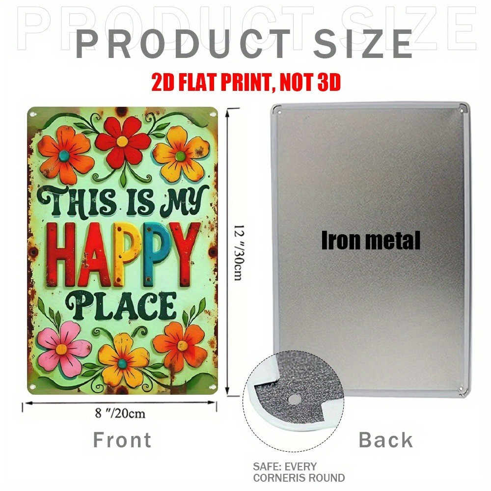 Retro Garden Decor Metal Sign This Is My Happy Place Colorful Floral Plaque 12×8