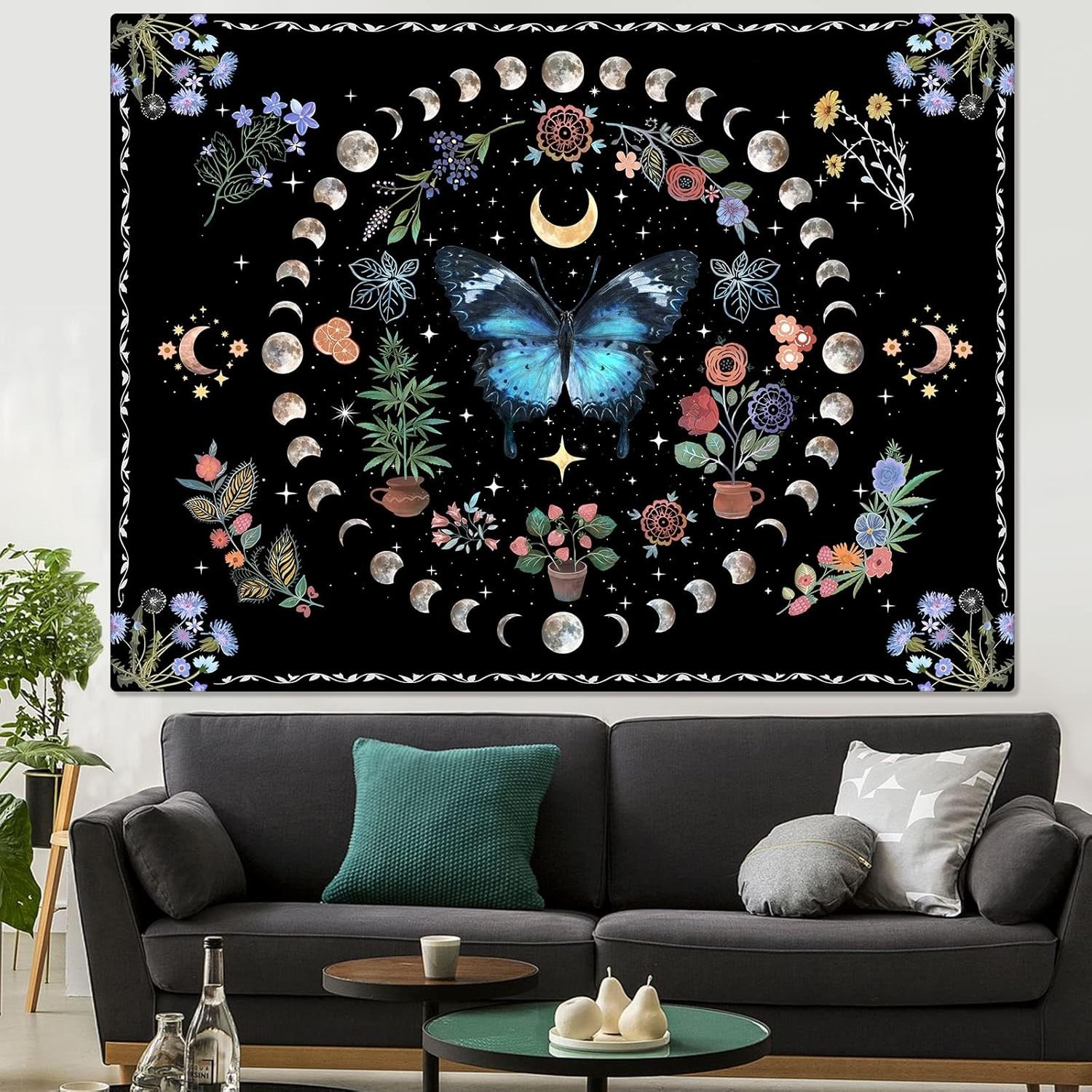 Unique Boho Butterfly Tapestry – Stunning Floral Design, 48” x 36”, Easy Care