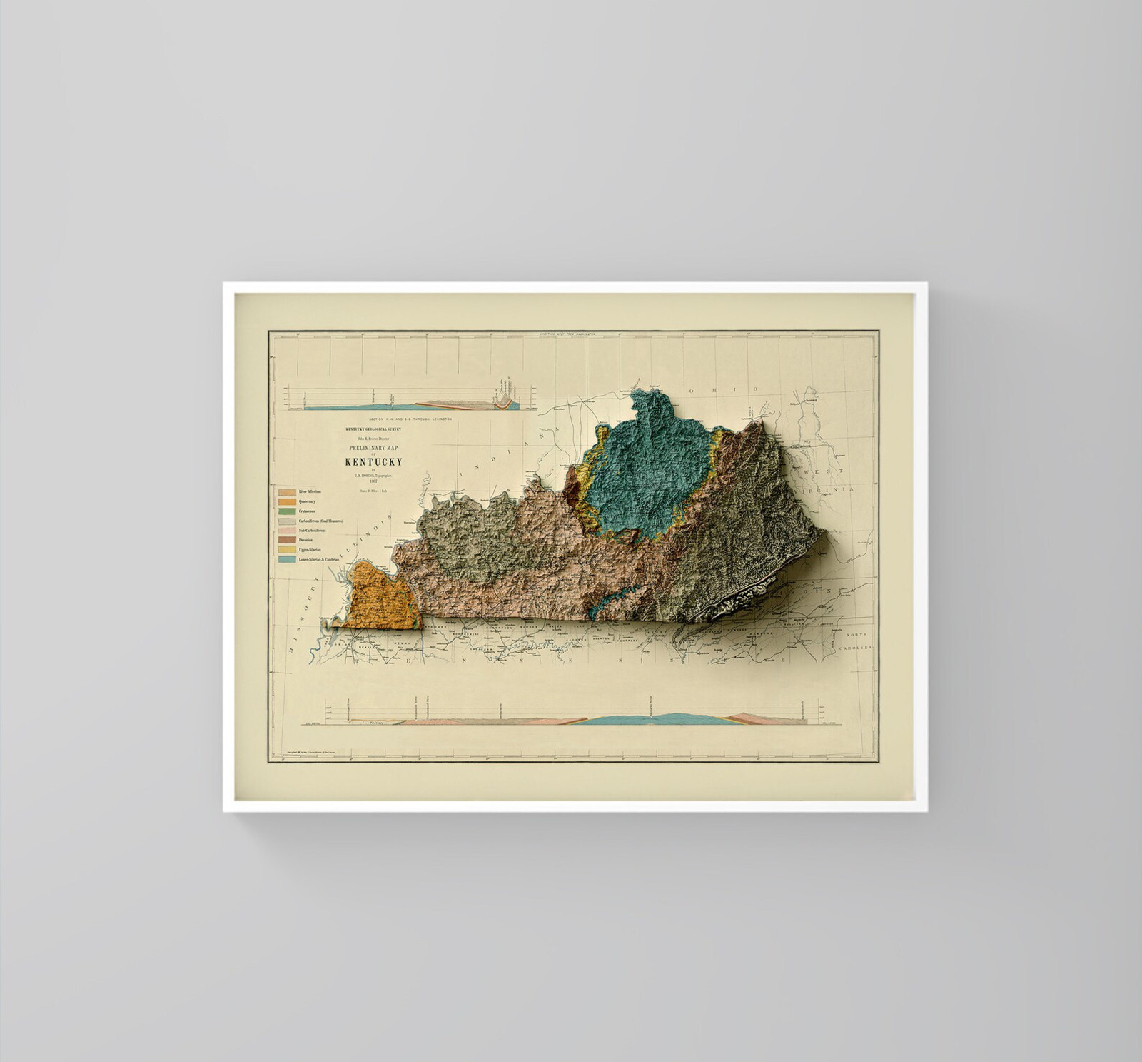 Kentucky Map, Kentucky 2D Relief Map, Kentucky Vintage Map – 2D Flat Print