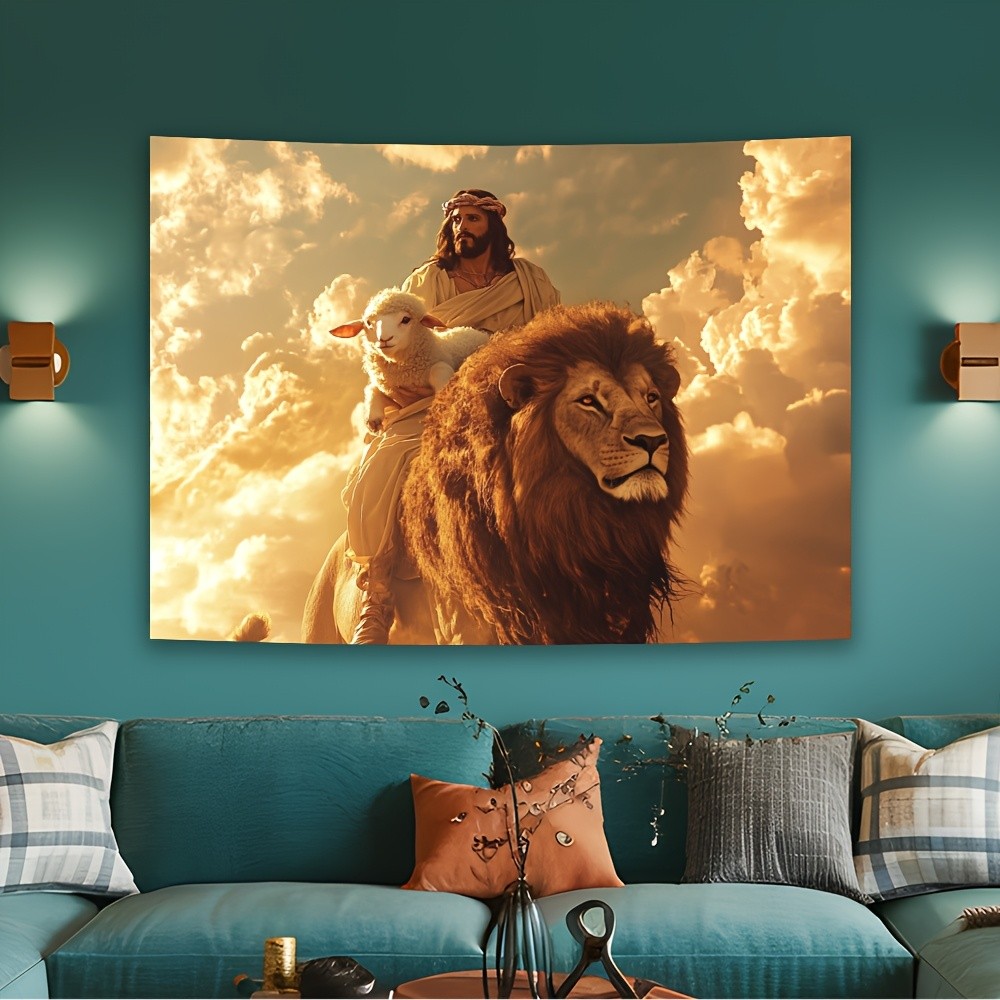 1pc, Jesus on Lion Back Wall Tapestry, Polyester Glam Style, No Feathers, Electr