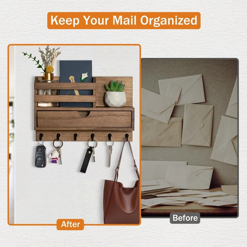 Key and Mail Holder for Wall, Mail Organizer Wall Mount with 6 Hooks and Storage