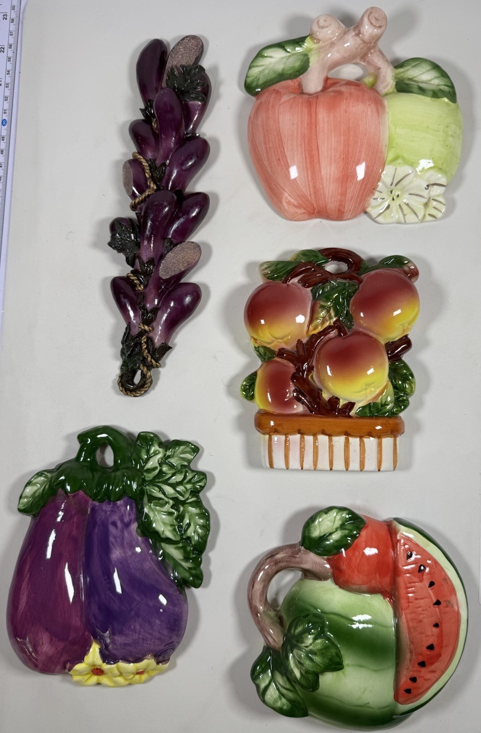 Vintage Ceramic 3D Watermelon, Eggplant, Apple, Peaches Wall Decor Set Of 5