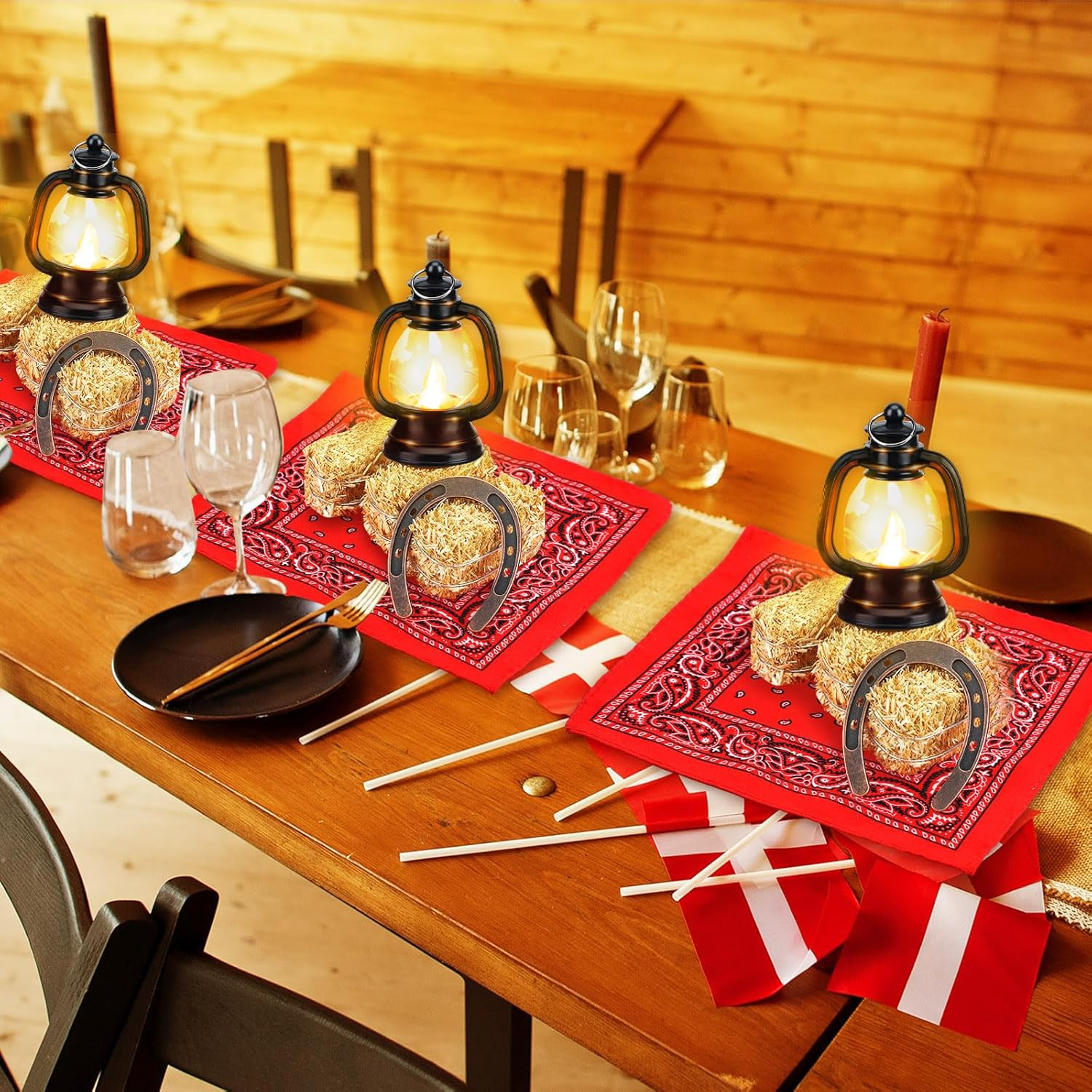 72 Pcs Western Cowboy Centerpieces Decorations with Horseshoe Lantern Mini Hayst