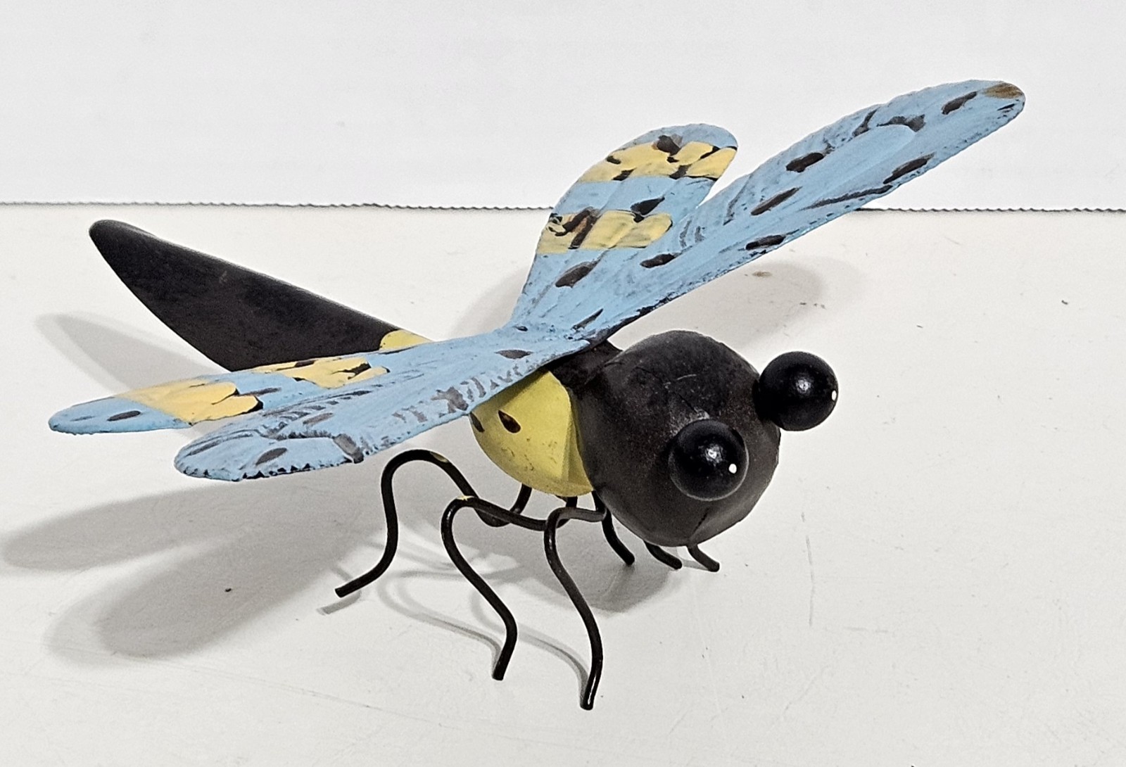 Metal Dragonfly Sculpture Hand-Painted Blue Yellow Brown Decor Wings – 6 Inches