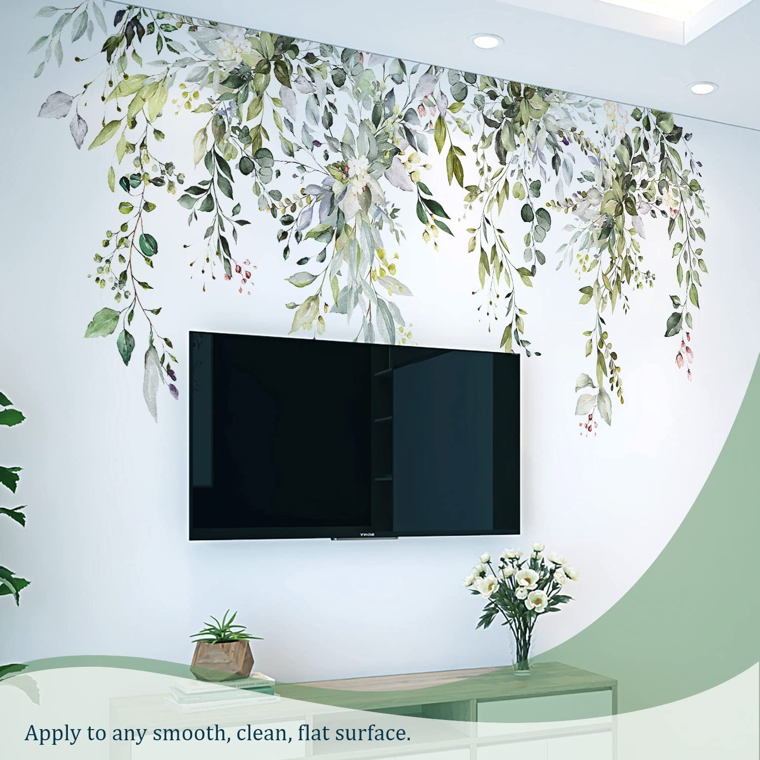 Green Plants Leaves Wall Decals Peel and Stick Large Floral Flowers Wall Sticker