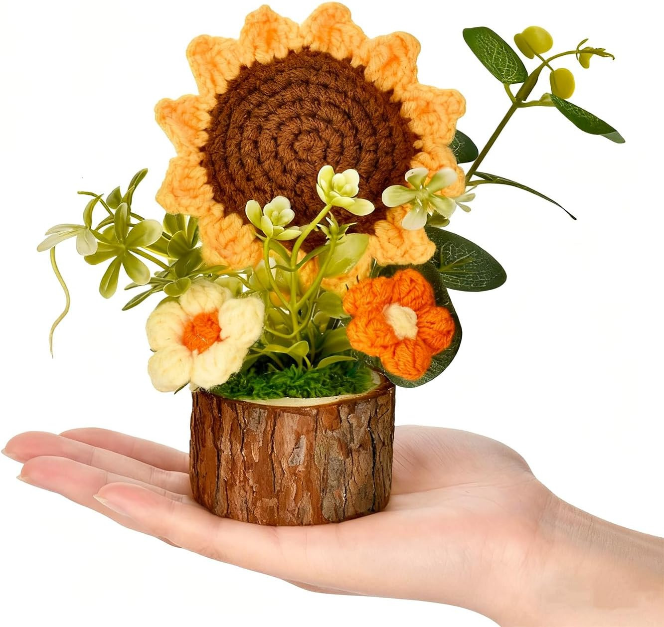 Cute Crochet Flowers Bouquet, Handmade Knitted Sunflowers with Wooden Pot, Croch