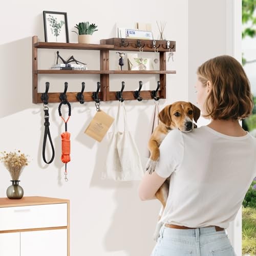 29″ Coat Rack Wall Mount with Shelf, Pine Two-Tier Wall Shelf Brown Pine