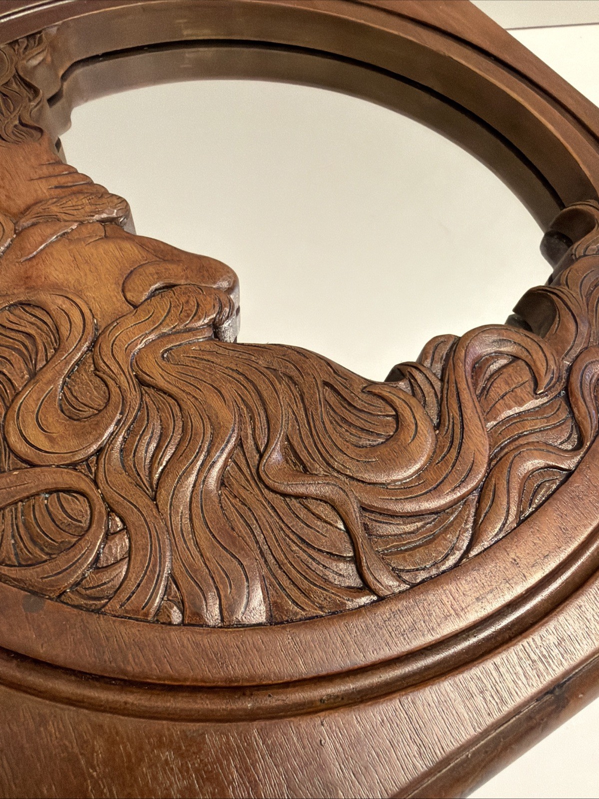 Vintage 1977 Hardin Signed 12″ Wood Carving Crescent Man in the Moon Wall Mirror