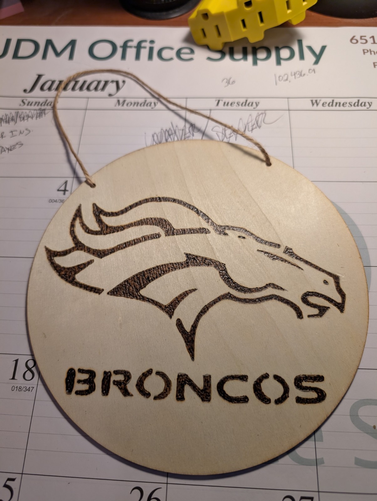 Denver Broncos Round Engraved Wooden Hanging Plaque Sign, Beige/Black