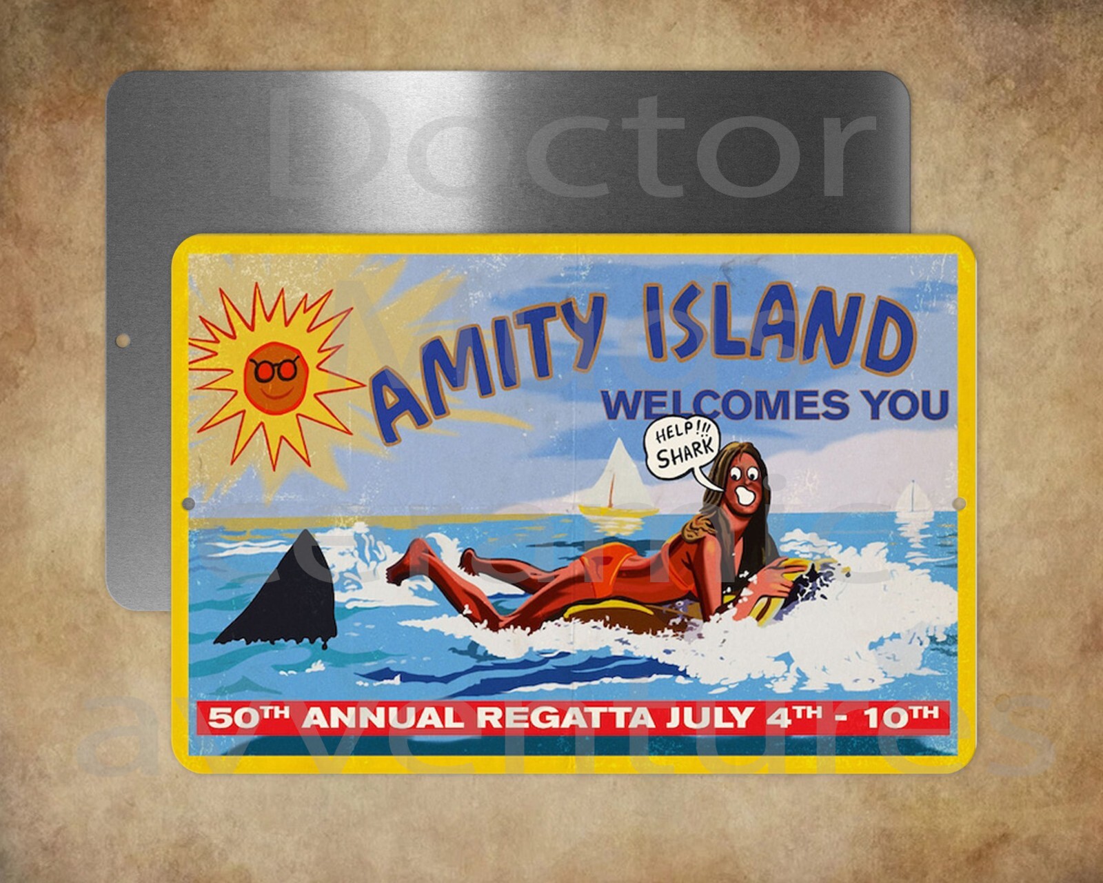 JAWS Amity Welcomes You Billboard Hooper Brody shark 8″ x 12″ metal sign