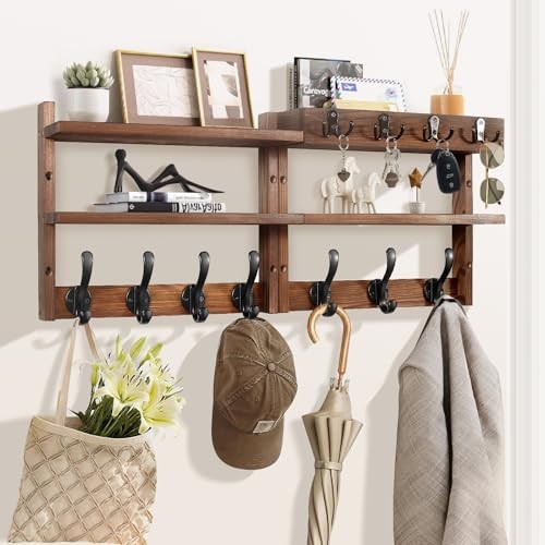 29″ Coat Rack Wall Mount with Shelf, Pine Two-Tier Wall Shelf Brown Pine