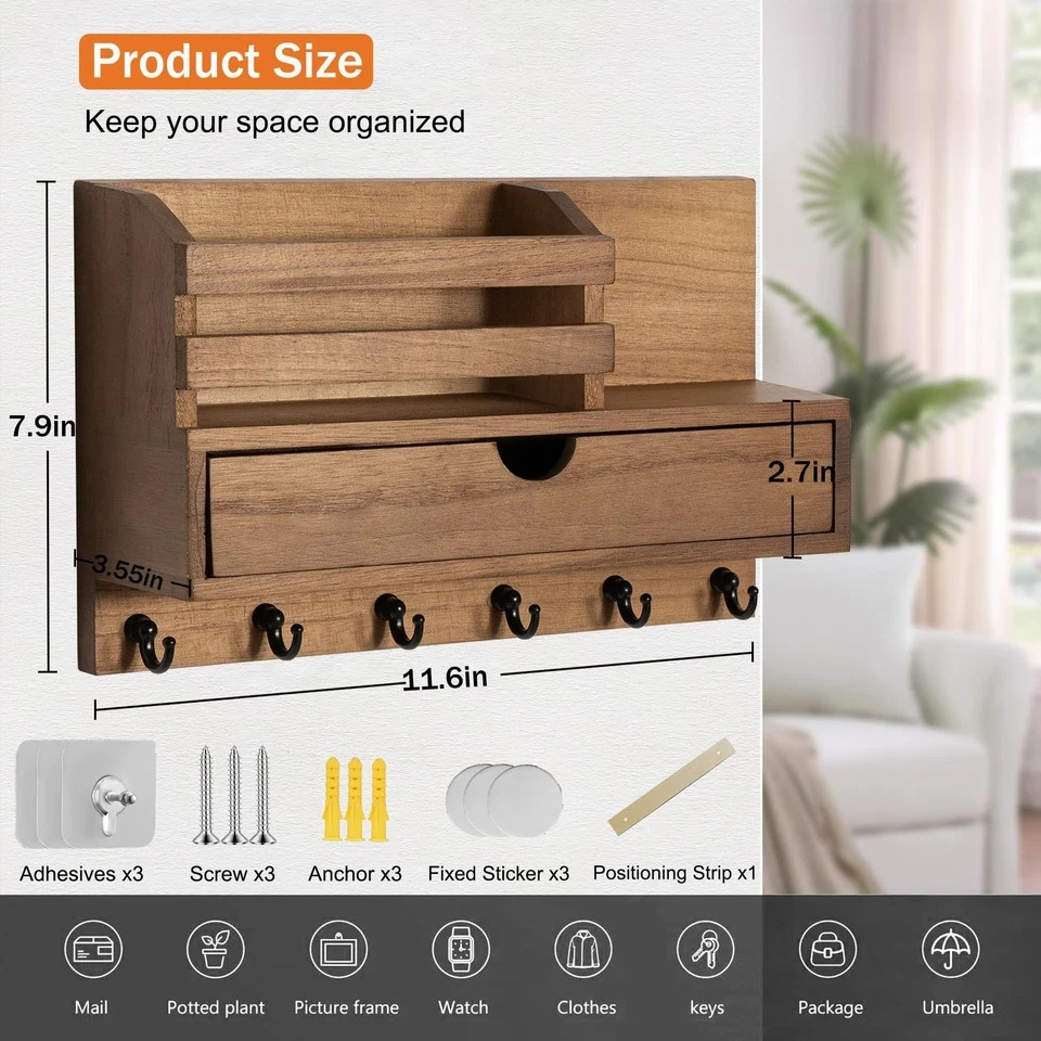 Key and Mail Holder for Wall, Mail Organizer Wall Mount with 6 Hooks and Storage