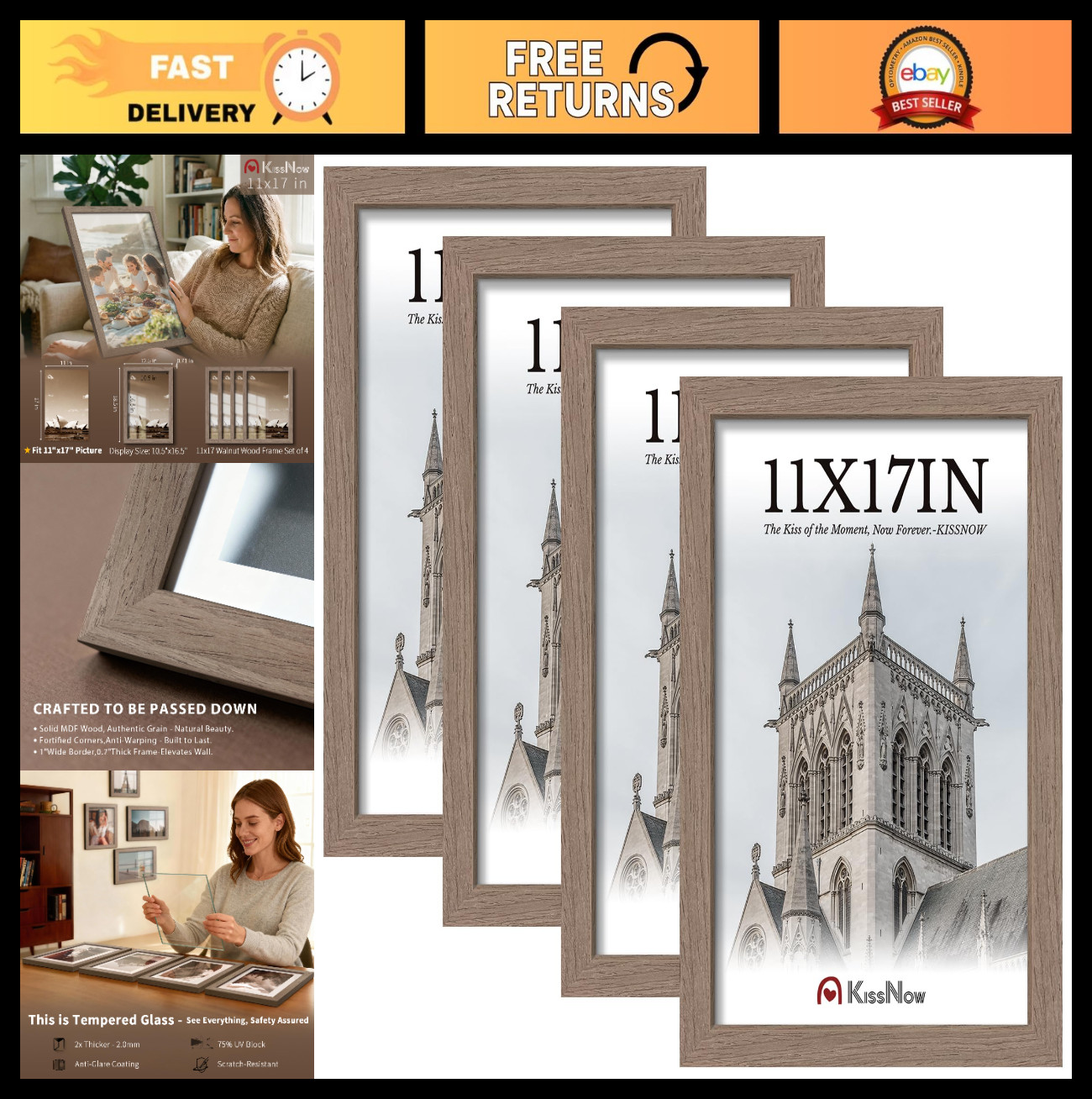 11×17 Picture Frame Set of 4, Walnut Wood, Tempered Glass, Vertical/Horizontal D