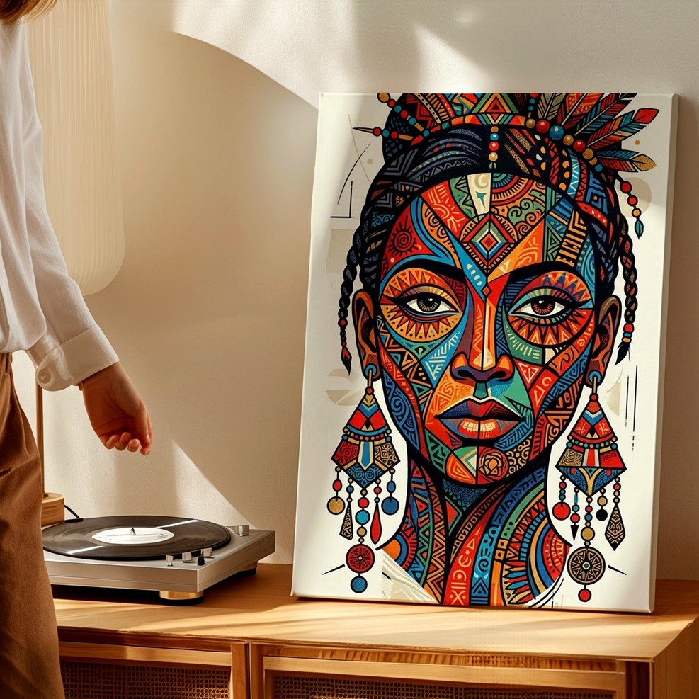 Wall Art Colorful Tribal Woman Portrait Print Boho Geometric Face Poster Decor