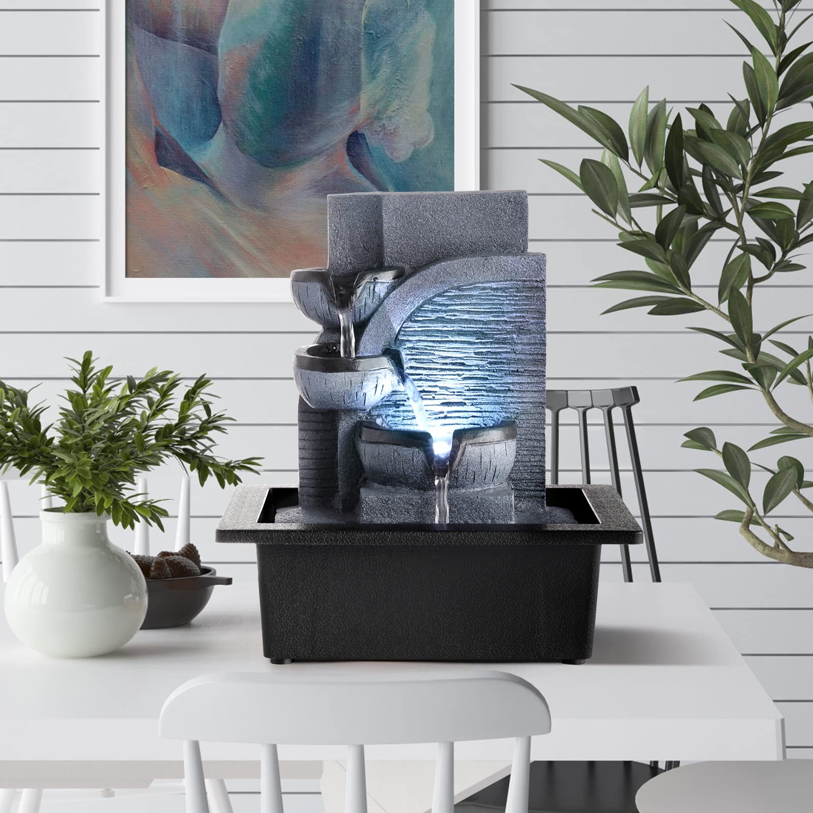 WICHEMI Tabletop Water Fountain with LED Lights Indoor Waterfall Fountains Relax