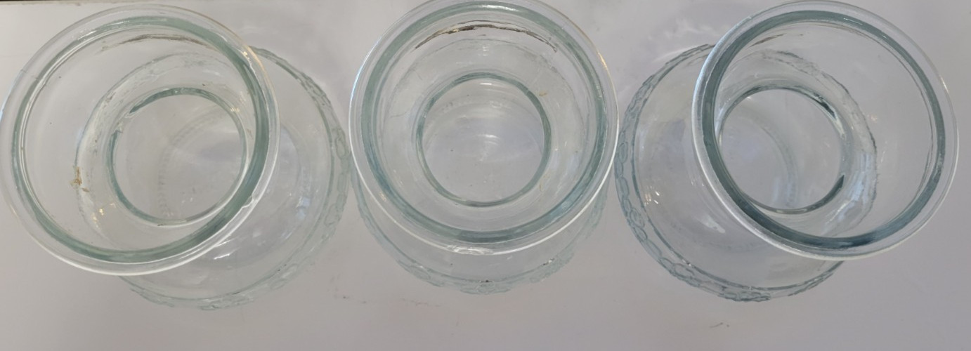 3 CLEAR GLASS ROUND VASES EMBOSSED WITH 4 LEAF CLOVERS 4 INCHES