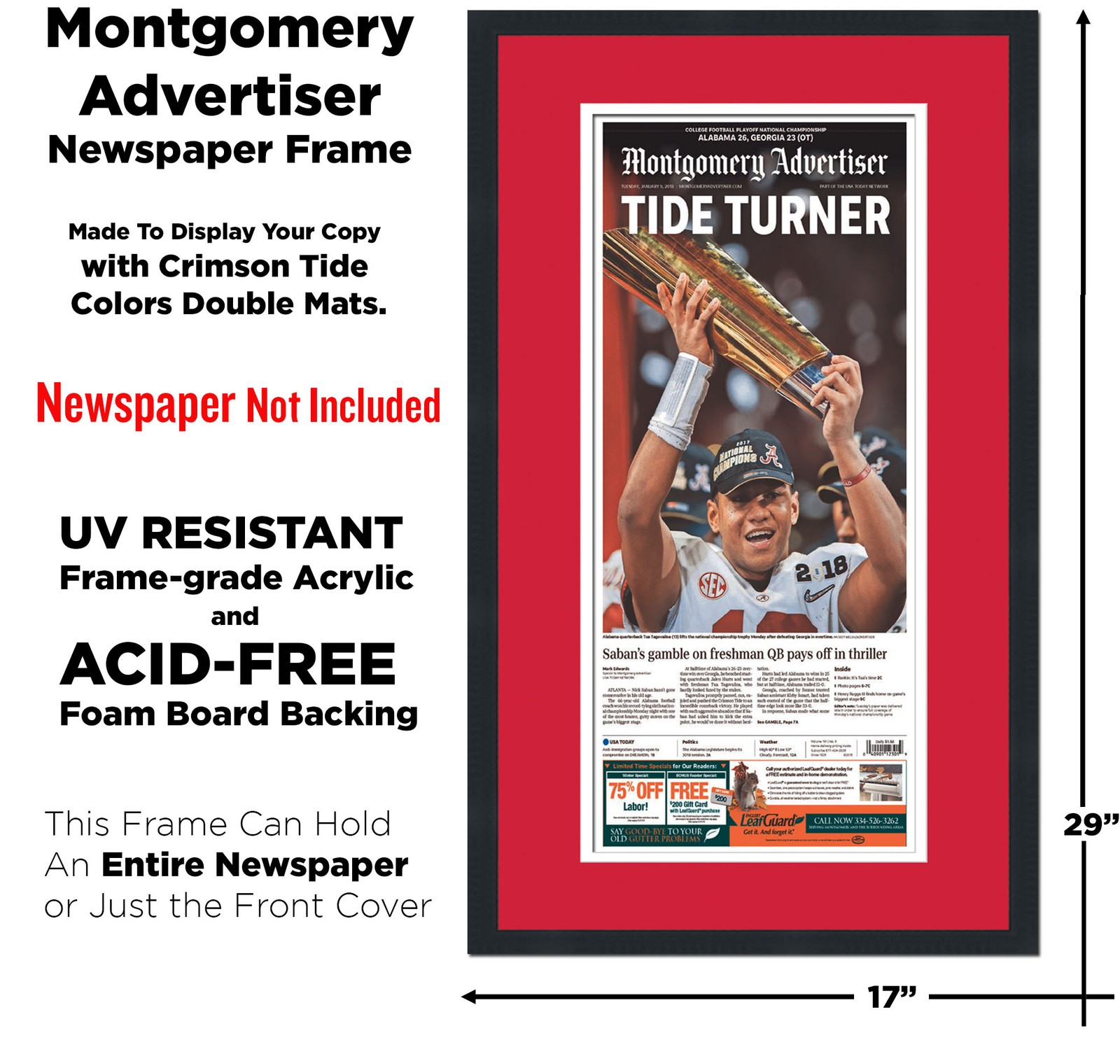 11×22 Newspaper Frame With Red and White Double Mat