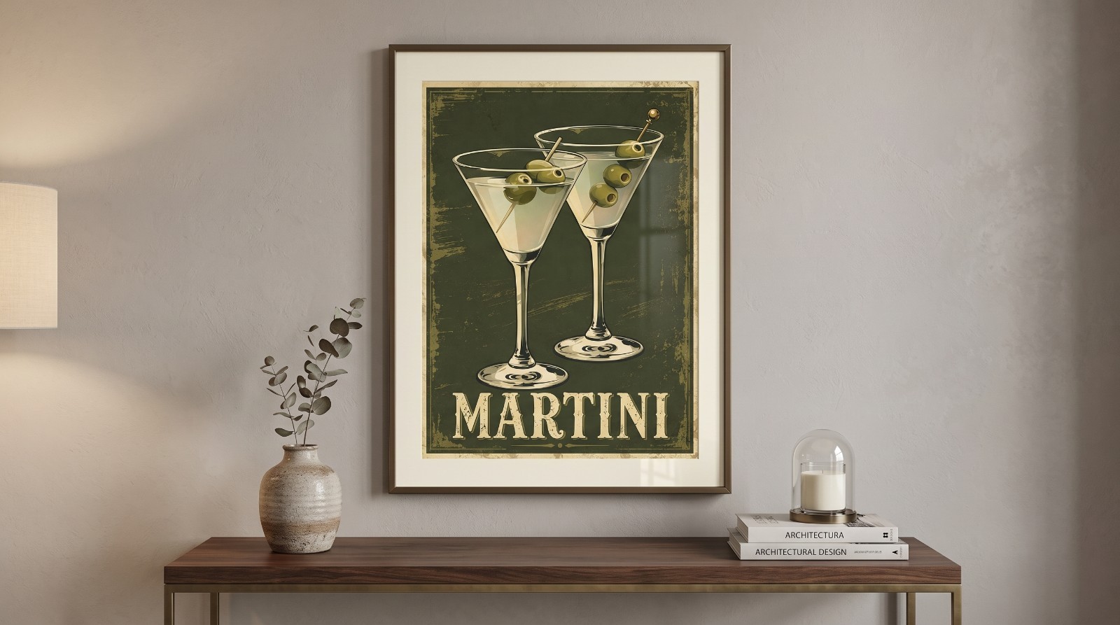 Vintage Martini Cocktail Poster Retro Bar Cart Wall Decor Olive Green Print