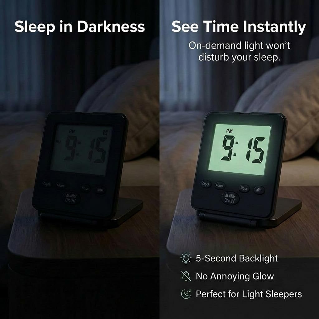 Digital Travel Alarm Clock – No Bells, Whistles, Simple 7 x 8 cm, Black