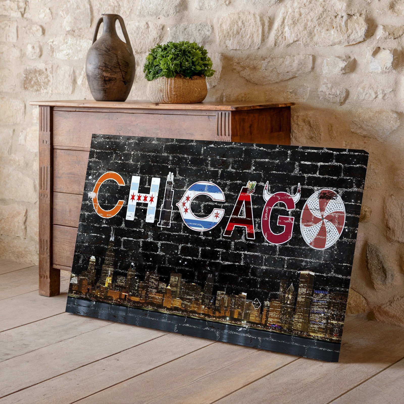 Chicago Skyline Canvas Wall Art with City Flag Letters on Black Brick Background
