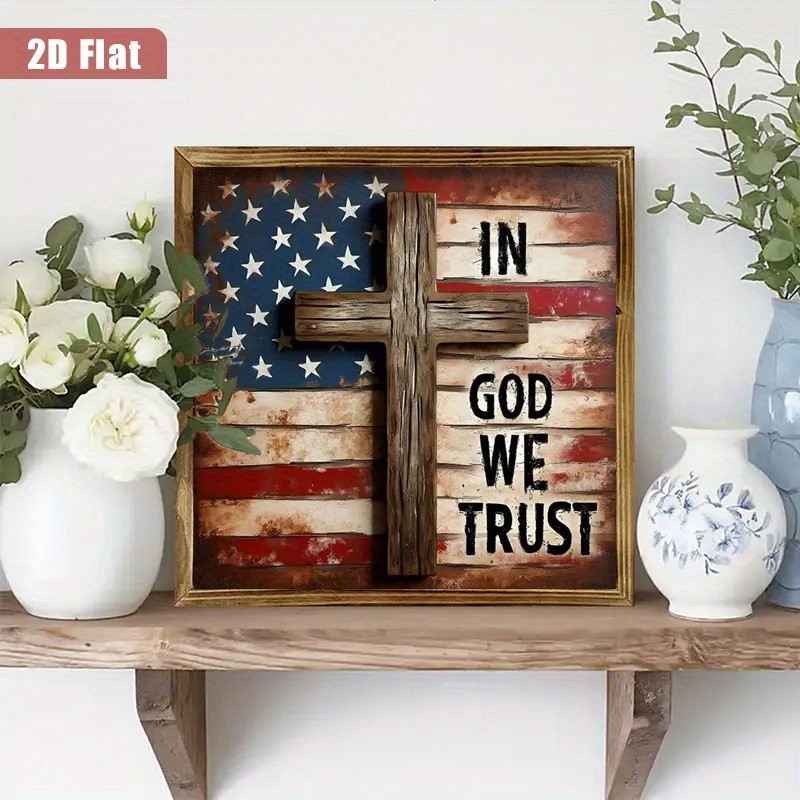 In God We Trust Patriotic Wooden Plaque 4th of July Cross American Flag Decor