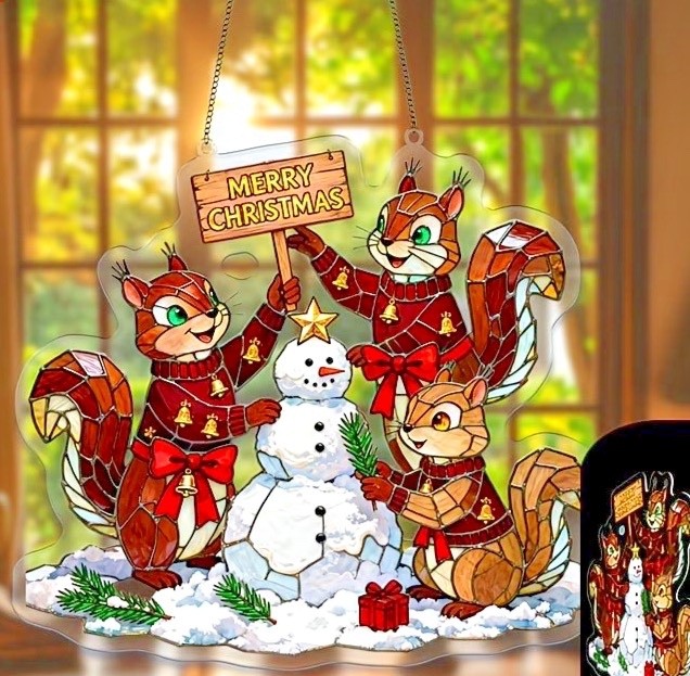 2D Flat Acrylic WINTER SQUIRRELL Window Hanger sun catcher 7.8″