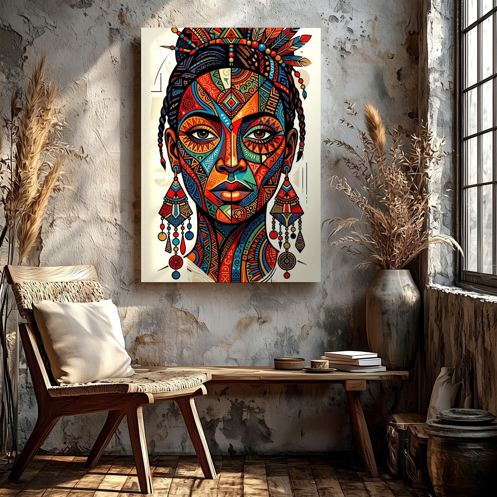 Wall Art Colorful Tribal Woman Portrait Print Boho Geometric Face Poster Decor