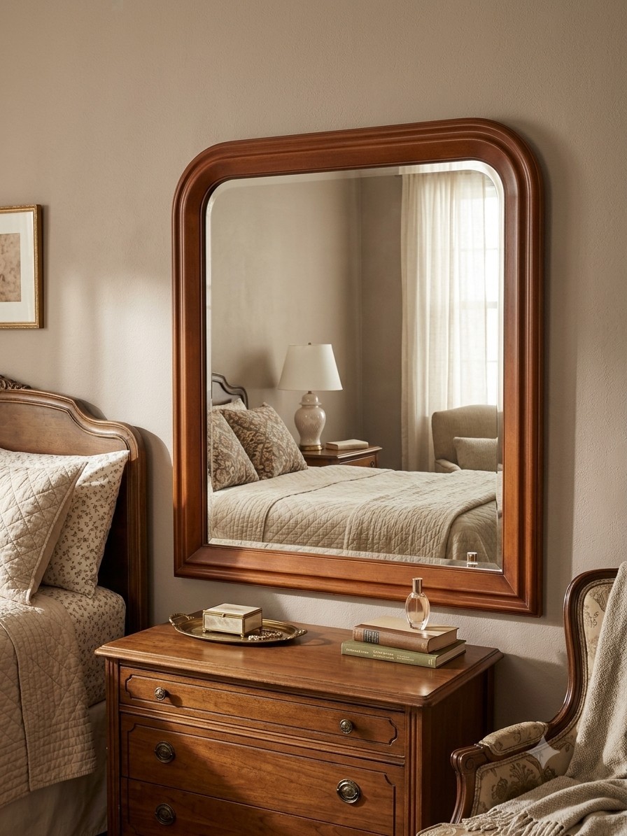 Louis Philippe-style wall dresser mirror Molded wood frame Rounded upper corners