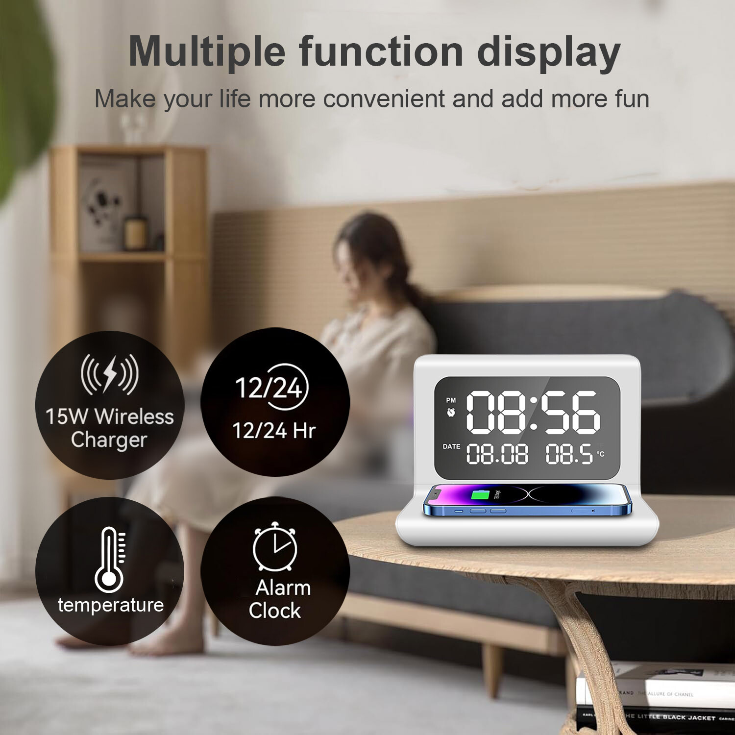 Digital Alarm Clock With Thermometer 15W Wireless Charger For iPhone Samsung