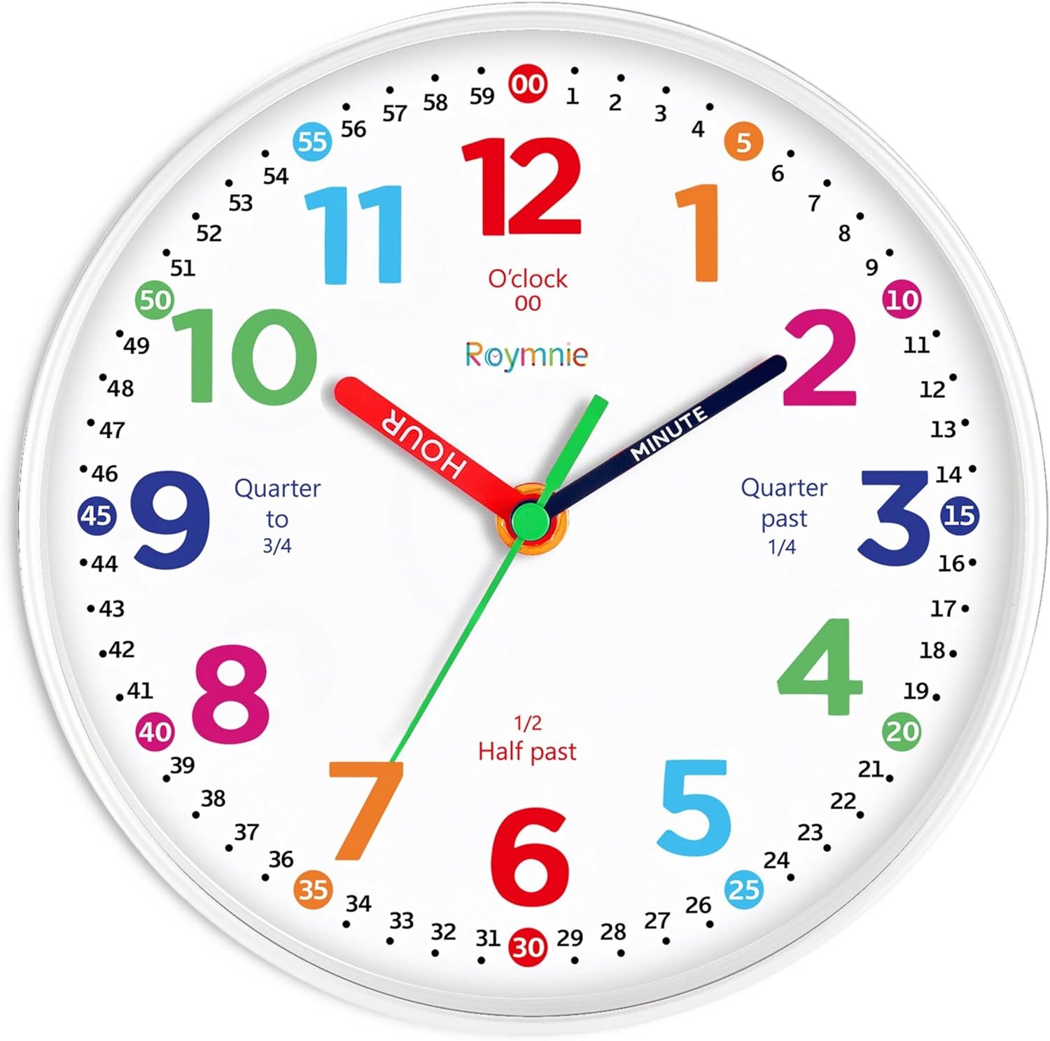 Kids Learning Wall Clock Colorful Non-Ticking Silent Analog Teaching Tool