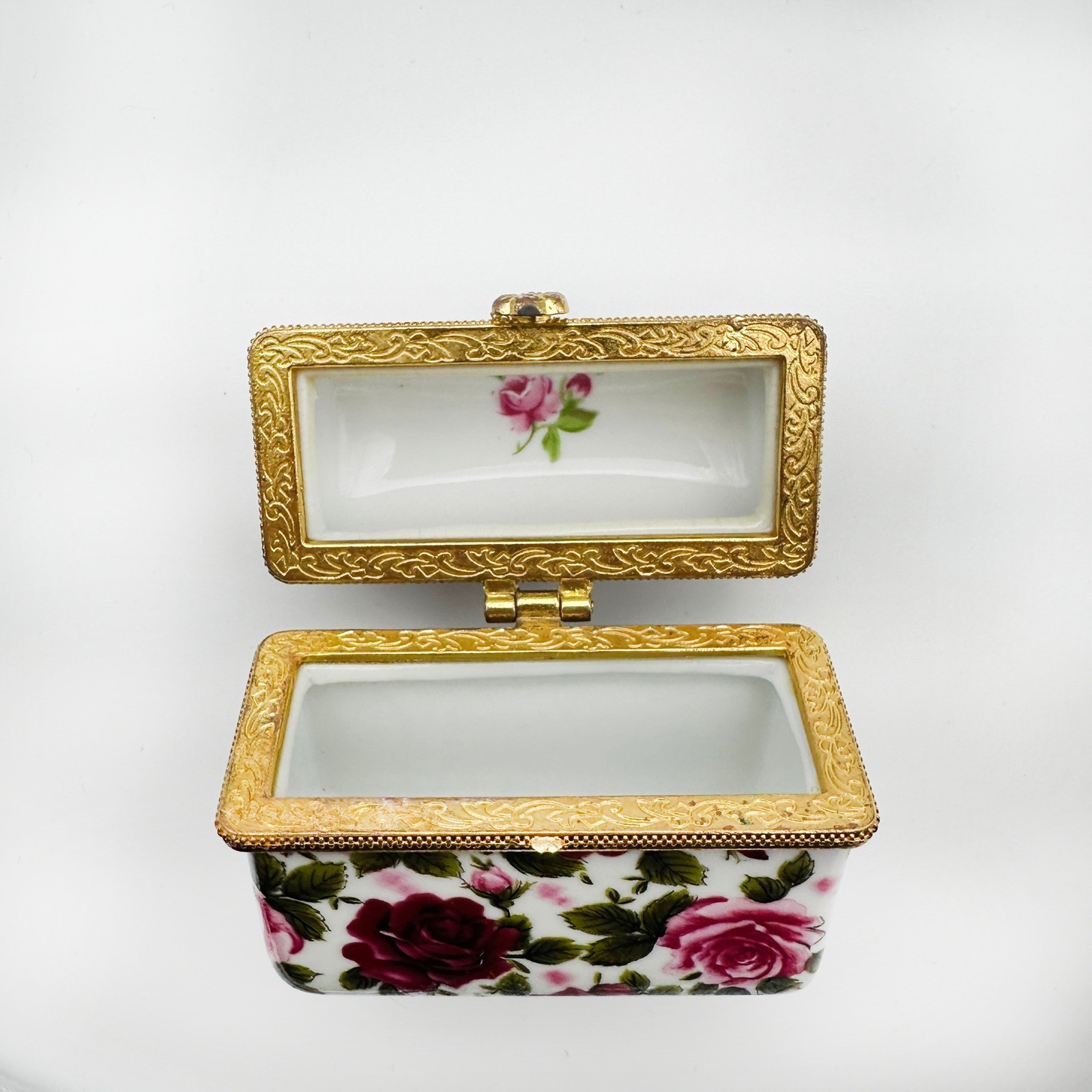 Pink Roses Porcelain Jewelry Keepsake Box Gold Hinged Trim Floral Chintz China