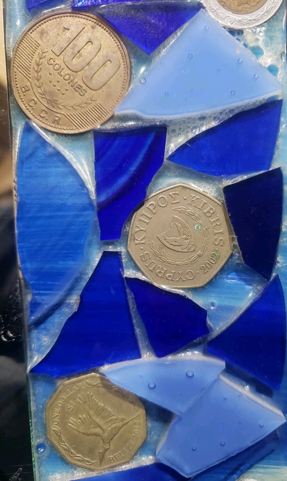 Handcrafted Blue Glass Mosaic Mirror Wood Frame Inlaid With Rare Coins & Emblems
