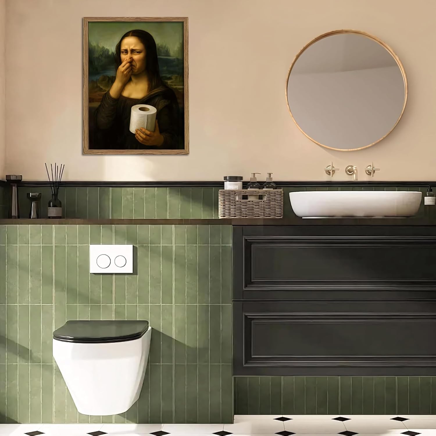 Funny Mona Lisa Pinch My Nose Museum Print Wall Art Canvas Bathroom Decor Framed