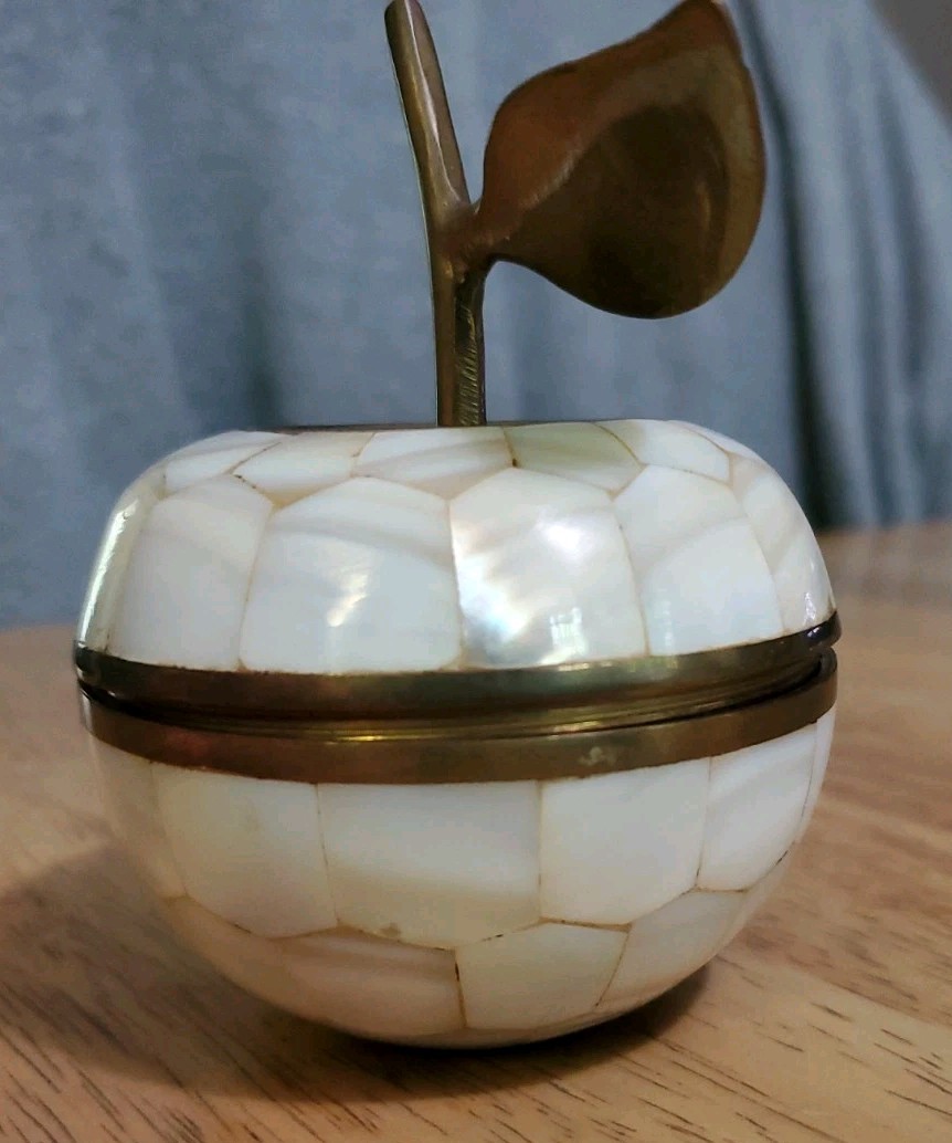 Vintage Apple Trinket Box Mother of Pearl Brass Inlay Gold White Trinket Decor