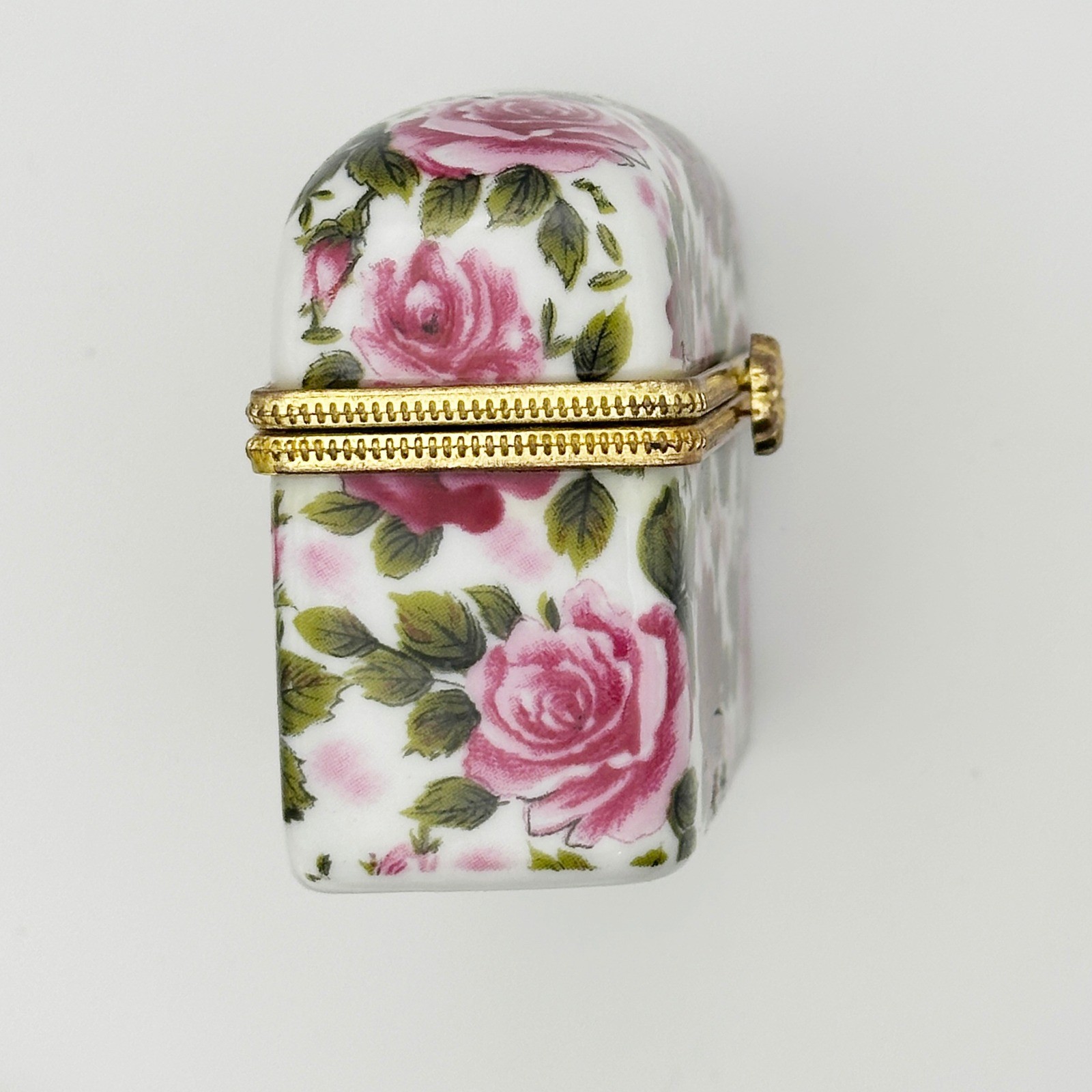 Pink Roses Porcelain Jewelry Keepsake Box Gold Hinged Trim Floral Chintz China