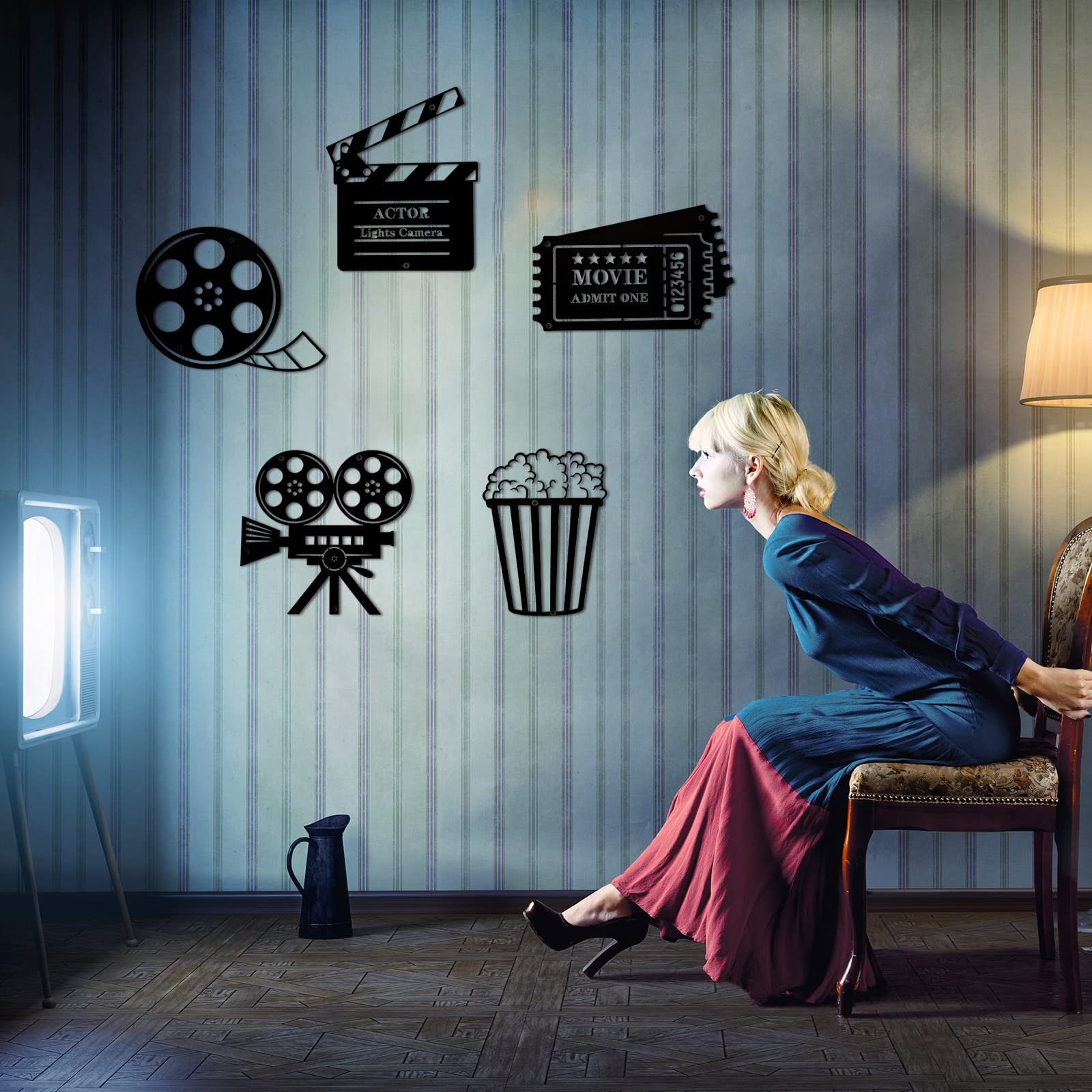5 Pieces Movie Theater Decor Movie Theater Metal Home Room Decor Cinema and P…