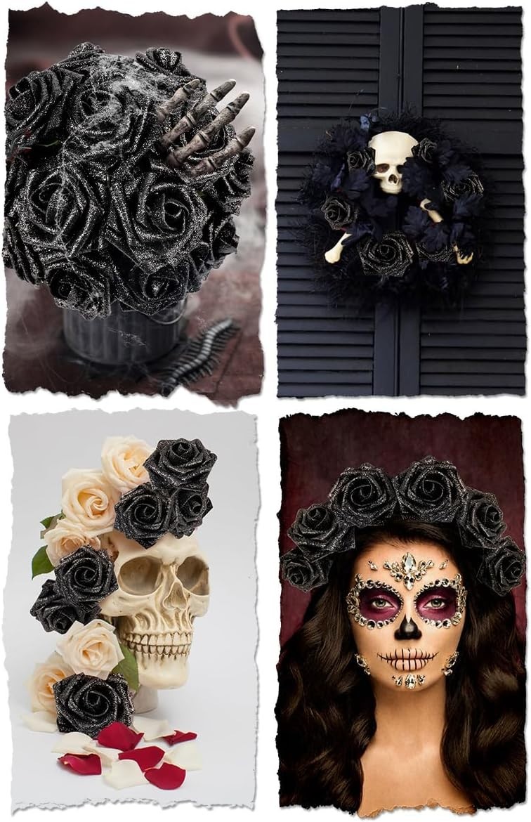 Luxurious 25pcs Black Glitter Roses – DIY Floral Arrangements for All Occasions