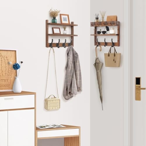 29″ Coat Rack Wall Mount with Shelf, Pine Two-Tier Wall Shelf Brown Pine