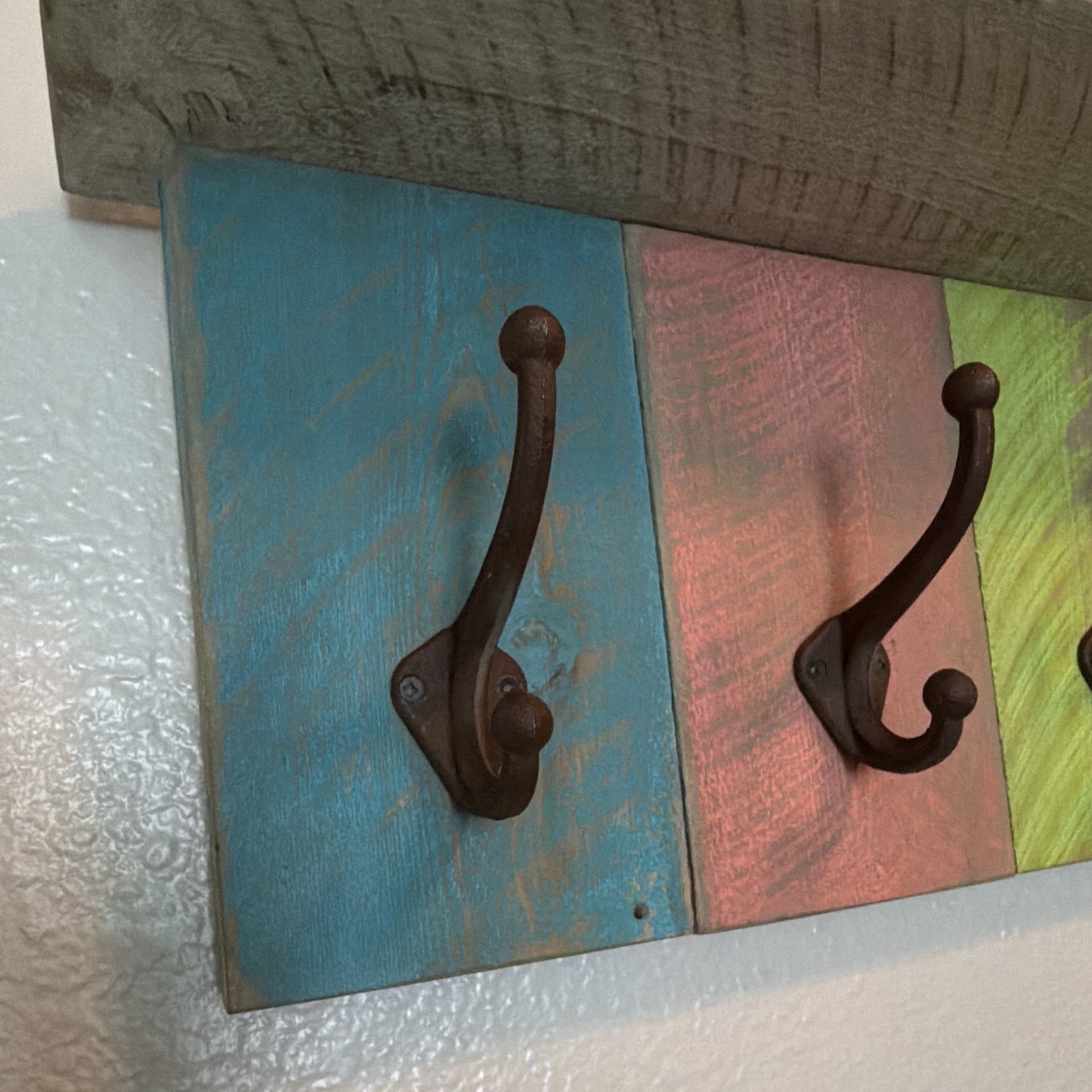 Rustic Colorful 29” Boho Shelf With 5 Cast Iron Coat Hooks