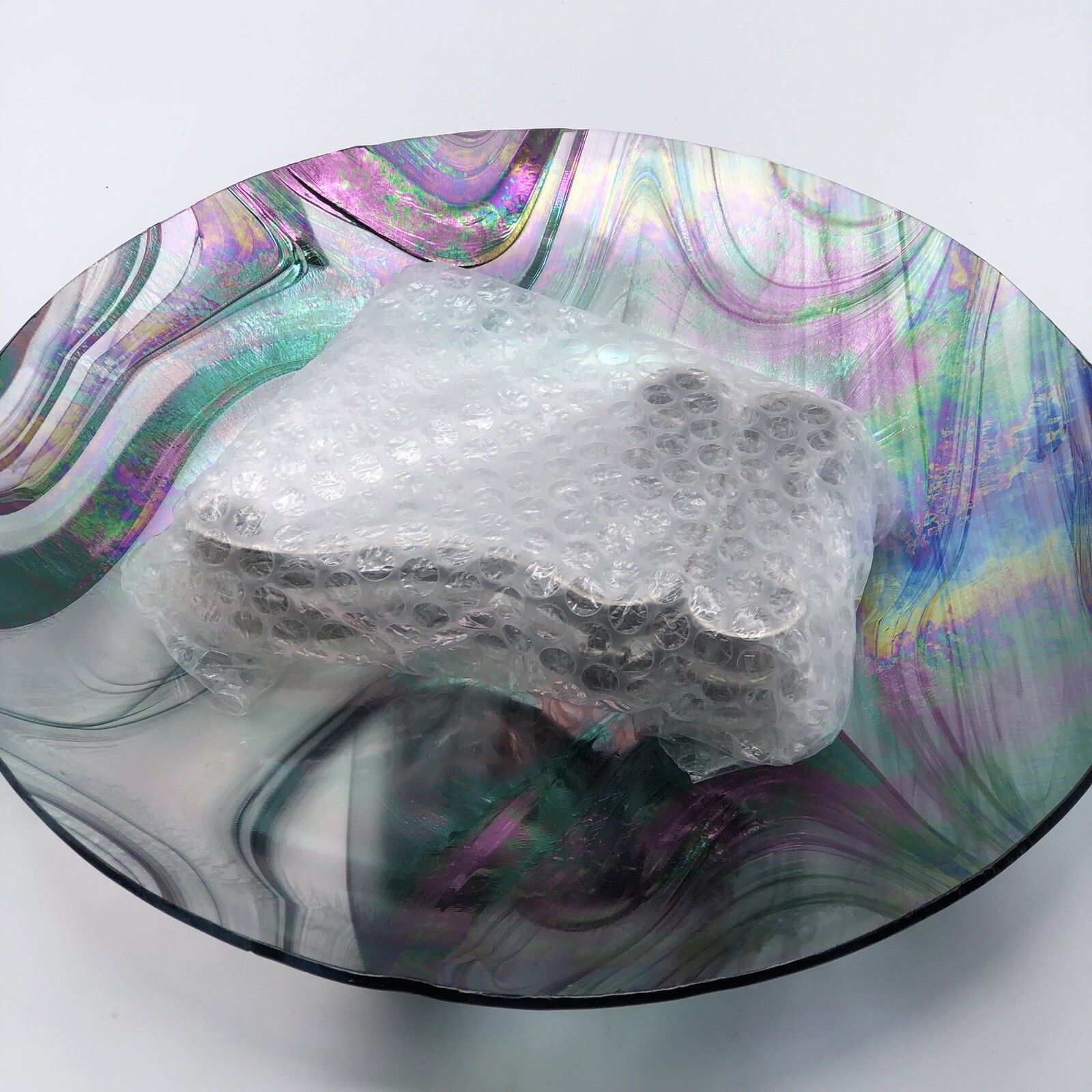 Iridescent Opalescent (Oil Slick) Glass Charger/Platter With Silver Metal Stand