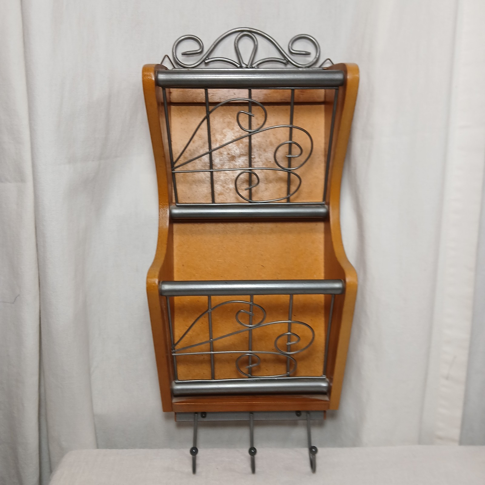 Vtg Wood & Metal Wall Mount Mail Organizer Scroll Design 2 Tiers With Hooks