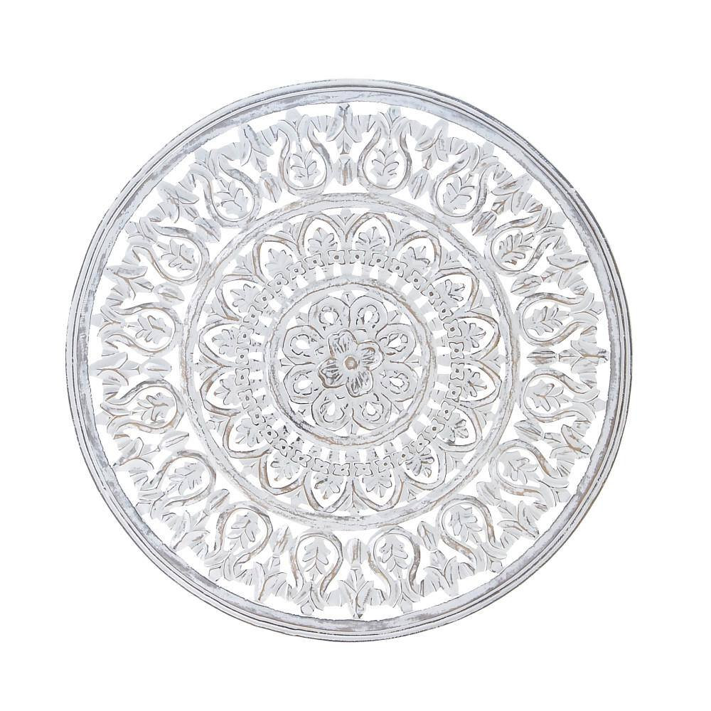 36 In. X 36 In. Wood White Handmade Intricately Carved Floral Wall Decor with Ma