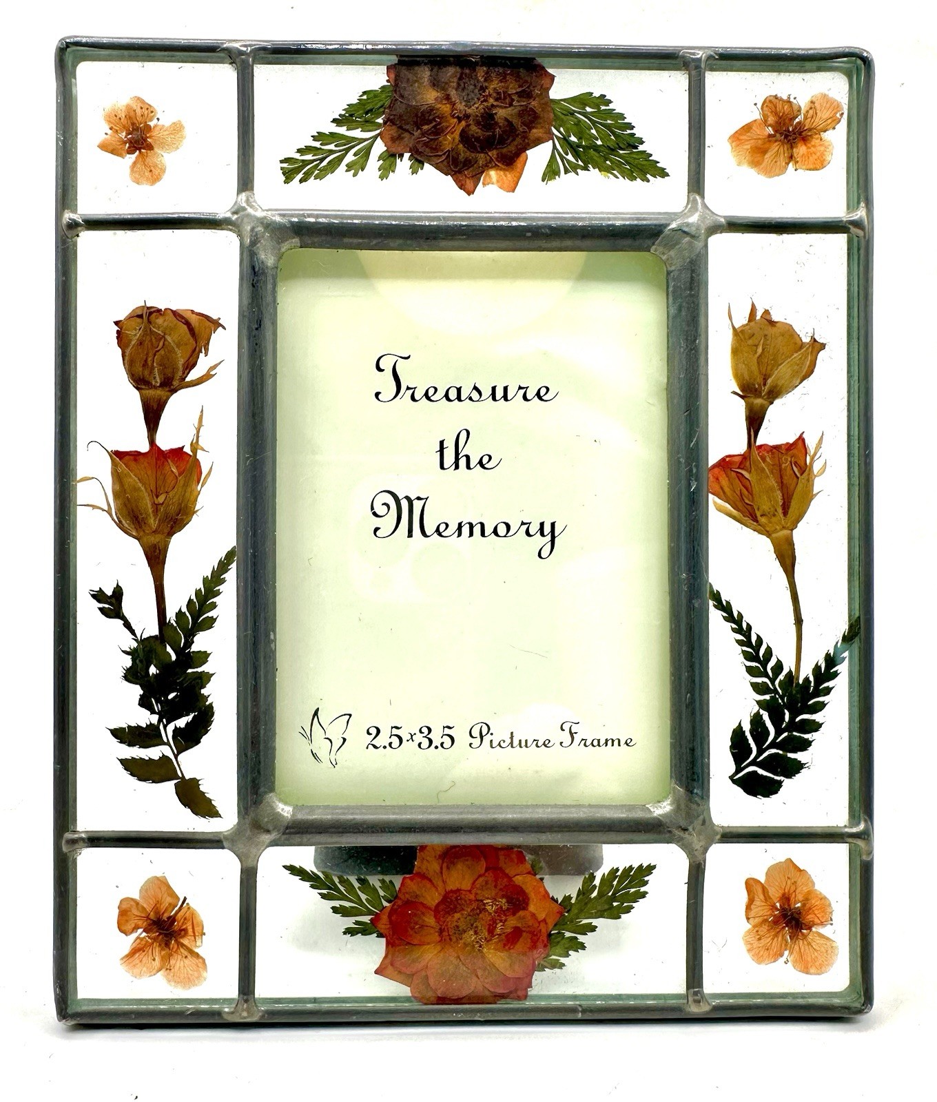 Vintage Pressed Flower Leaded Glass Picture Frame 2.5 in by 3.5 in (Wallet Size)