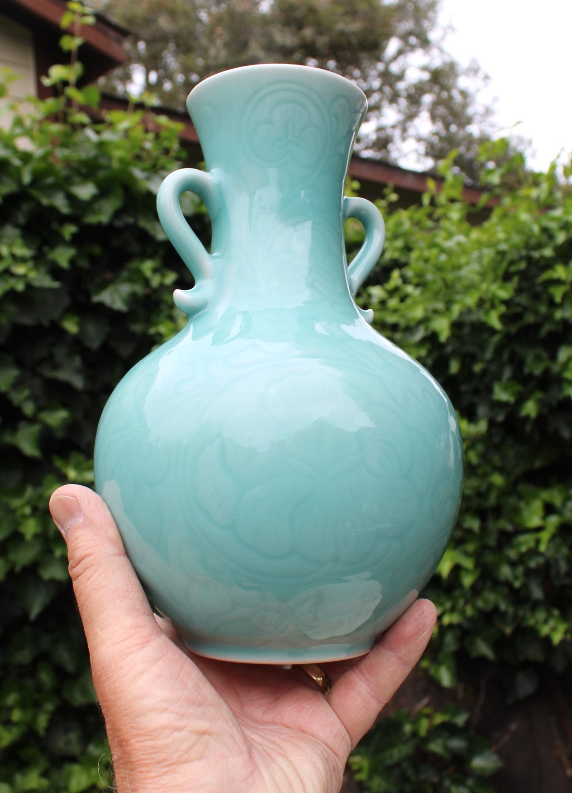 Late 20th century Porcelain Longquan China Carved Celadon Vase w/ Two Handles