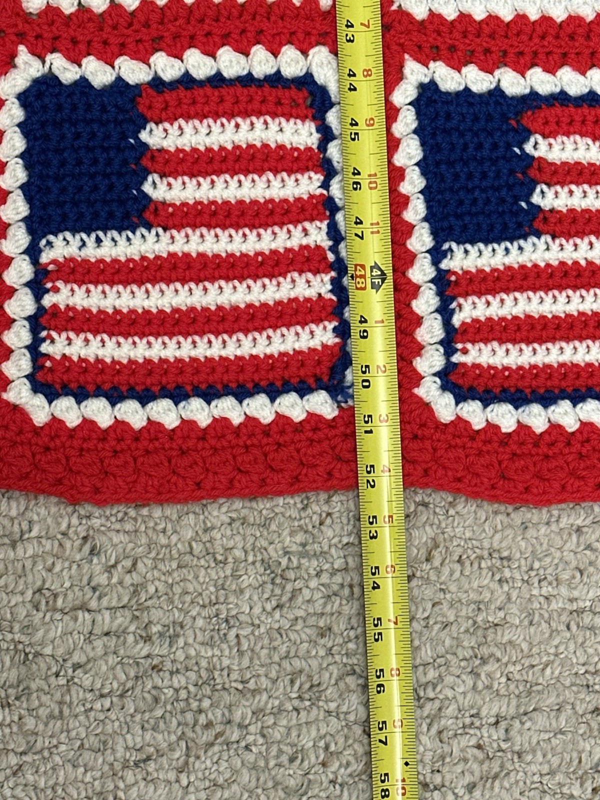 Vintage Handmade Afghan Crochet Blanket Quilt Granny Square American Flag Red